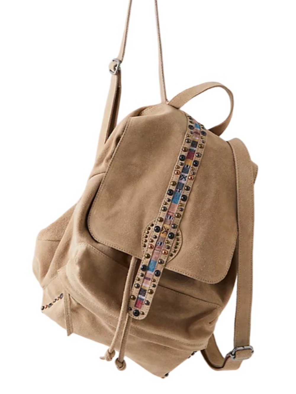 Free People Suede Sardona Backpack in Tan with Multicolor Studded Accent
